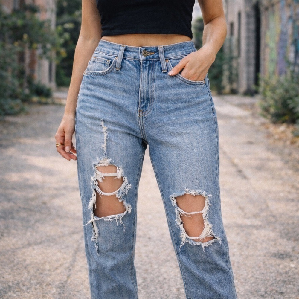 Simple Society Womens 0/24 Light Wash Distressed Straight Jeans Raw Hem Denim